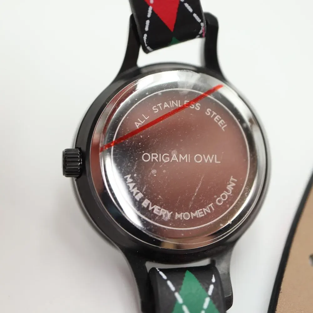 Origami Owl Womens Watch 26mm Black Dial Argyle Double Wrap Strap w New Battery